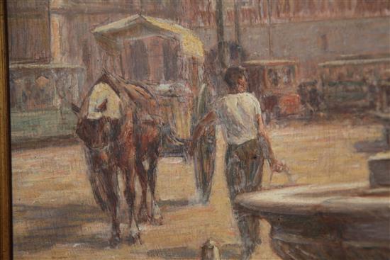 § Alessandro Viazzi (1872-1956), oil on board, Piazza with figures at a fountain